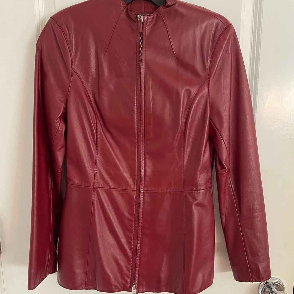 Classiques Entier Red Leather Jacket with Stand-Up Collar
